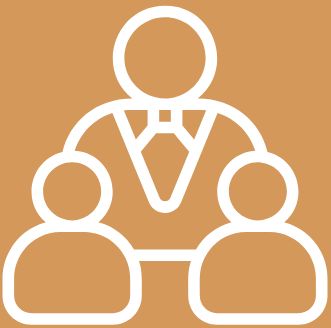 burnt orange background with icon and text that says "clients undergo training"