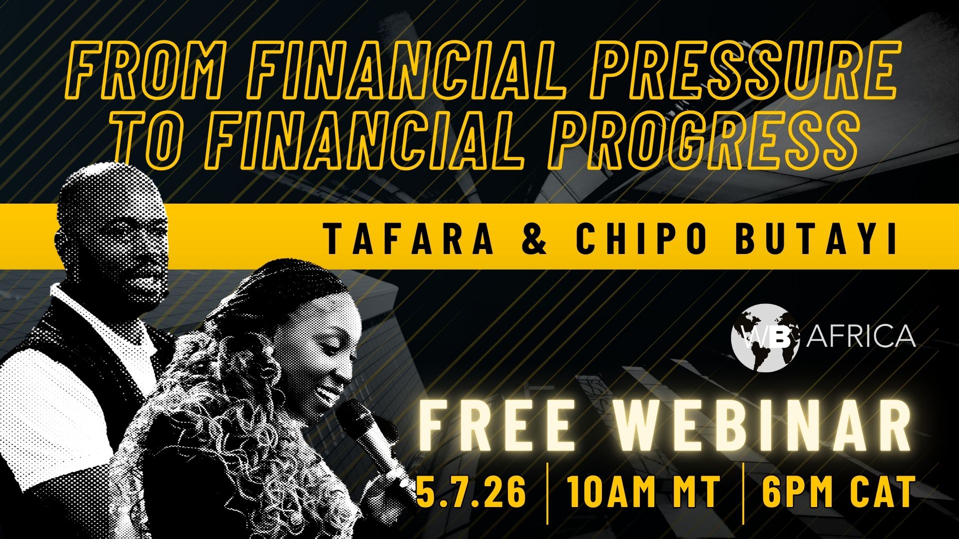free webinar graphic with the text "from financial pressure to financial progress" and images of the 2 speakers mobile version