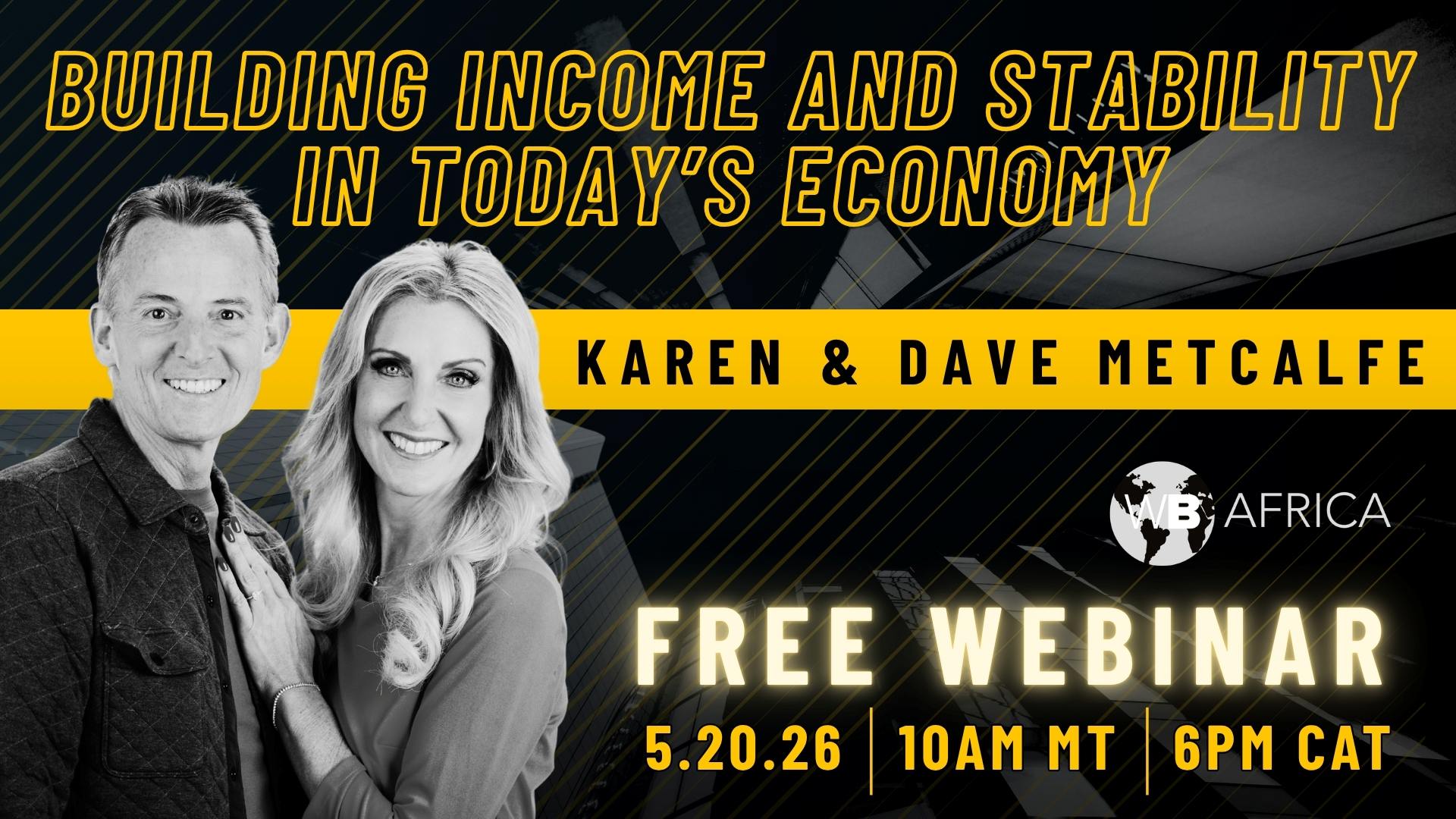 free webinar graphic with the text "building income and stability in today's economy" and images of the 2 speakers