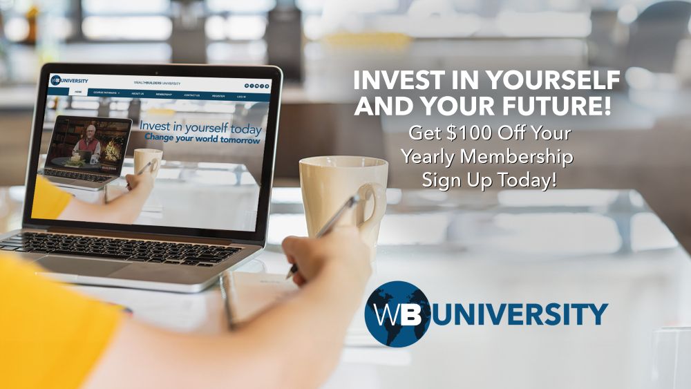 WBU - Single Screen Promo for Website wealthbuilders university $100 off promo graphic with woman sitting at table on a laptop and the text "invest in yourself and your future! get $100 off your yearly membership sign up today"